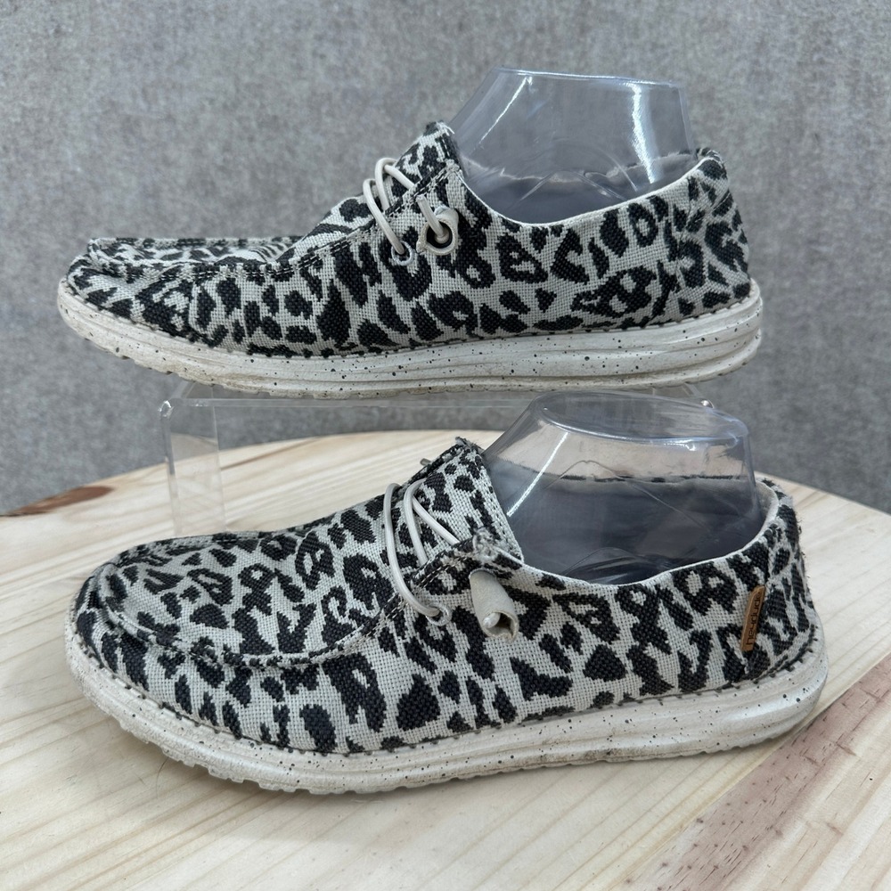 Hey Dude Wendy Shoes Women 10 Black White Leopard Print Canvas Loafers
